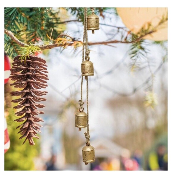 Rustic Tin Metal Cow Bells on Rope Wooden Clapper Christmas Decoration NEW!! - Picture 2 of 11